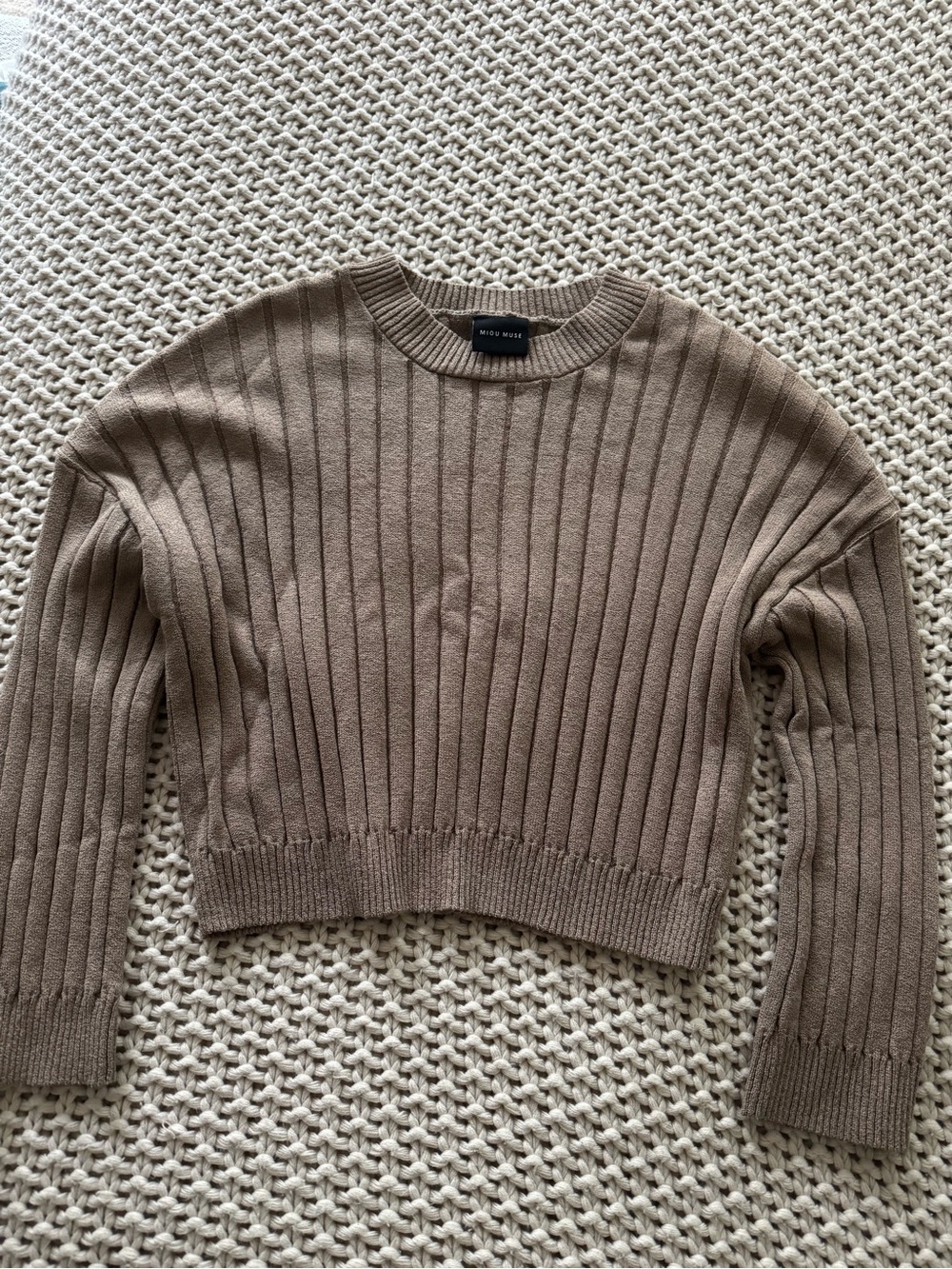 Miou Muse Ribbed Crewneck Sweater in Taupe